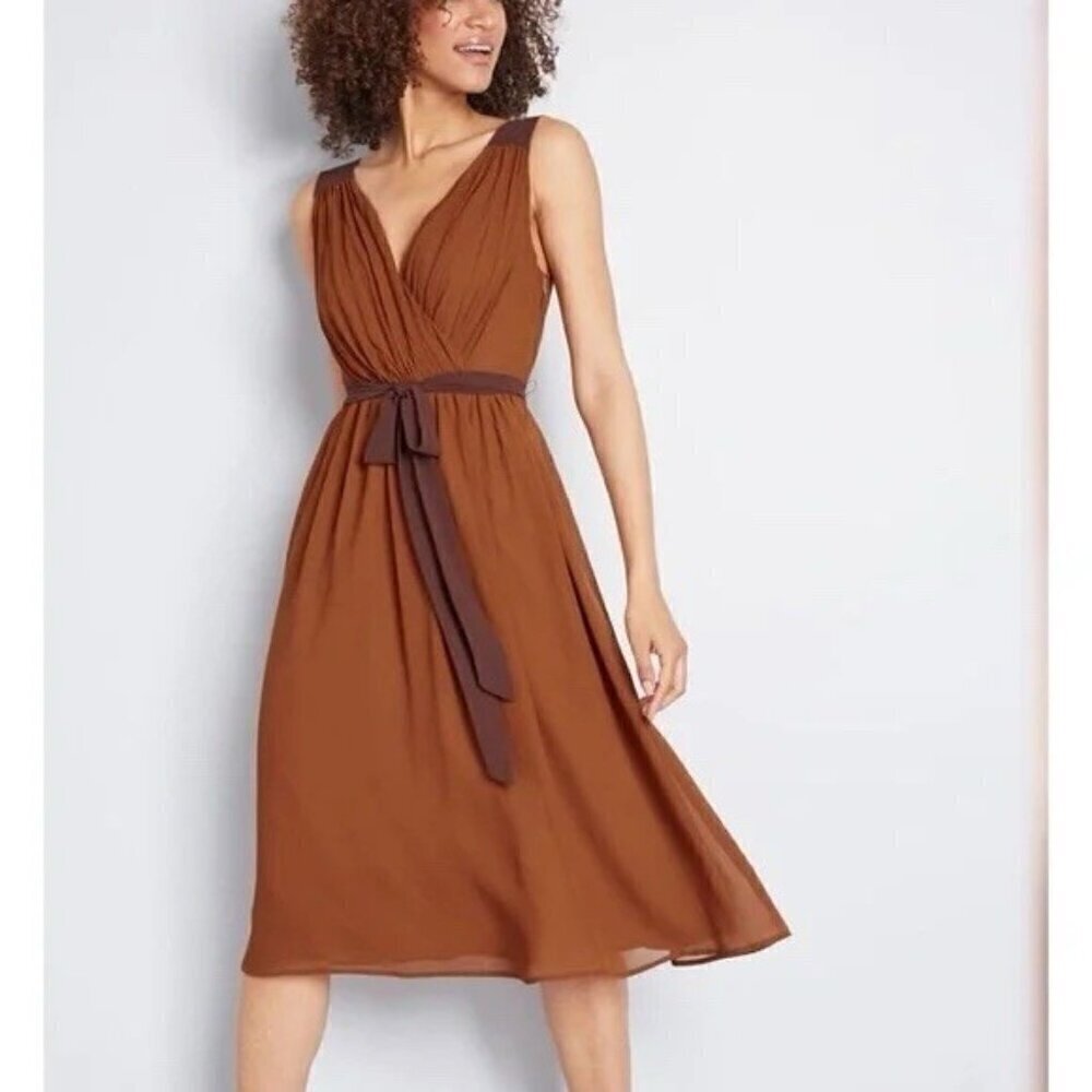 Modcloth Womens Wholly Romantic Midi Dress Sz Medium Brown Sash Belt Grecian
